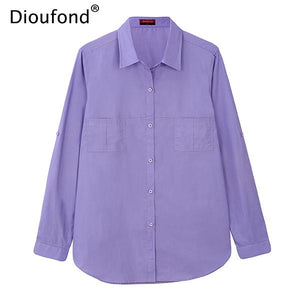 Dioufond Autumn White Blouse Shirt Long Sleeve Solid Cotton Shirt Women Tops Pockets Casual Camisa Feminina S-3XL 2017