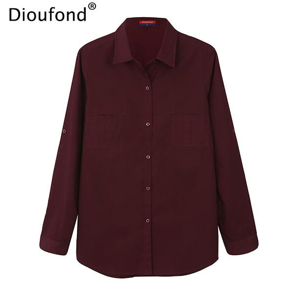 Dioufond Autumn White Blouse Shirt Long Sleeve Solid Cotton Shirt Women Tops Pockets Casual Camisa Feminina S-3XL 2017