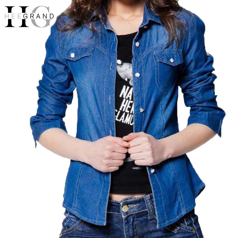 HEE GRAND 2017 Cool Girl Long Sleeve Denim Shirts Simple Fashion Casual Blue Jean Blouses Two Pockets Turn-down Collar WCL1534