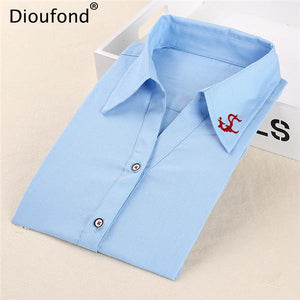 Dioufond Office Women Blouses Ladies Office Shirts Work Wear Long Sleeve Blouses For Ladies V-Neck White Embroidery Shirts