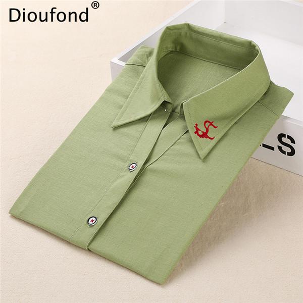 Dioufond Office Women Blouses Ladies Office Shirts Work Wear Long Sleeve Blouses For Ladies V-Neck White Embroidery Shirts