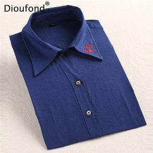 Dioufond Office Women Blouses Ladies Office Shirts Work Wear Long Sleeve Blouses For Ladies V-Neck White Embroidery Shirts