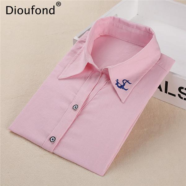 Dioufond Office Women Blouses Ladies Office Shirts Work Wear Long Sleeve Blouses For Ladies V-Neck White Embroidery Shirts