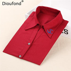 Dioufond Office Women Blouses Ladies Office Shirts Work Wear Long Sleeve Blouses For Ladies V-Neck White Embroidery Shirts