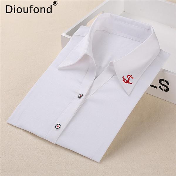 Dioufond Office Women Blouses Ladies Office Shirts Work Wear Long Sleeve Blouses For Ladies V-Neck White Embroidery Shirts