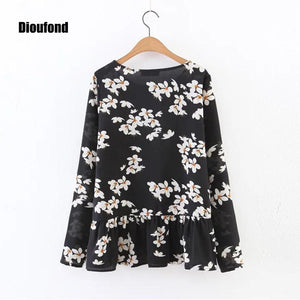 Dioufond  Chiffon Floral Women Blouses Casual Long Sleeve Ruffles Women Black Spring Shirts Plus Size Casual o_neck Ladies Tops