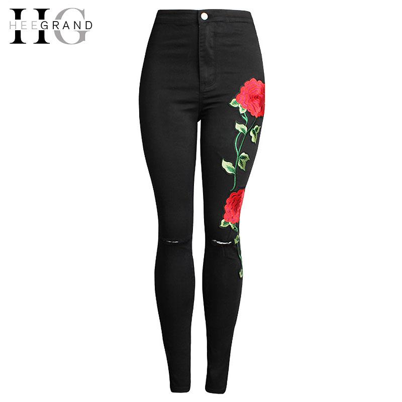 HEE GRAND Stereo Rose Embroidered Women Pencil Pants 2017 Spring Summer Black Female Jeans High Waist Knee Holes Denim WKN552