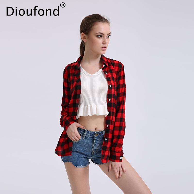 Dioufond Casual Plaid Women Blouses Red Black Check Boyfriend Style Long Sleeve Shirts Loose Camisa Tops Autumn  Plus Size 2017