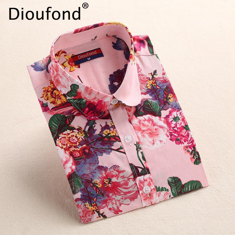 Dioufond 5XL Floral Blouse Summer Shirt Women Fruit Long Sleeve Tops Cotton Shirts Pink White Blouses Blusas Femininas 2016 New