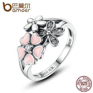 BAMOER 925 Sterling Silver Pink Flower Poetic Daisy Cherry Blossom Finger Ring for Women Engagement Fashion Jewelry SCR004