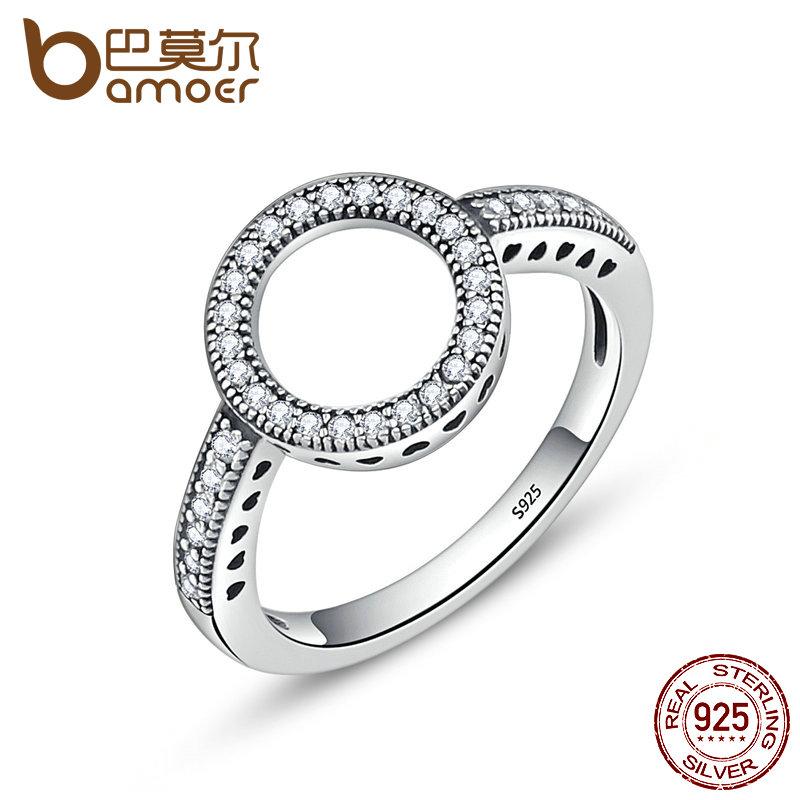 BAMOER 100% Genuine 925 Sterling Silver Forever Clear CZ Circle Round Finger Rings for Women Wedding Engagement Jewelry SCR041