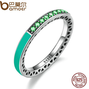 BAMOER 925 Sterling Silver Radiant Hearts Bright Mint Enamel & Royal Green Crystals Women Ring Engagement Jewelry PA7619