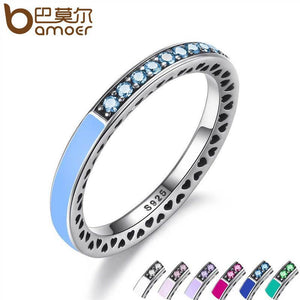 BAMOER 925 Sterling Silver Radiant Hearts Air Blue Enamel & Sky Blue Synthetic Spinel Women Ring Silver Jewelry PA7620