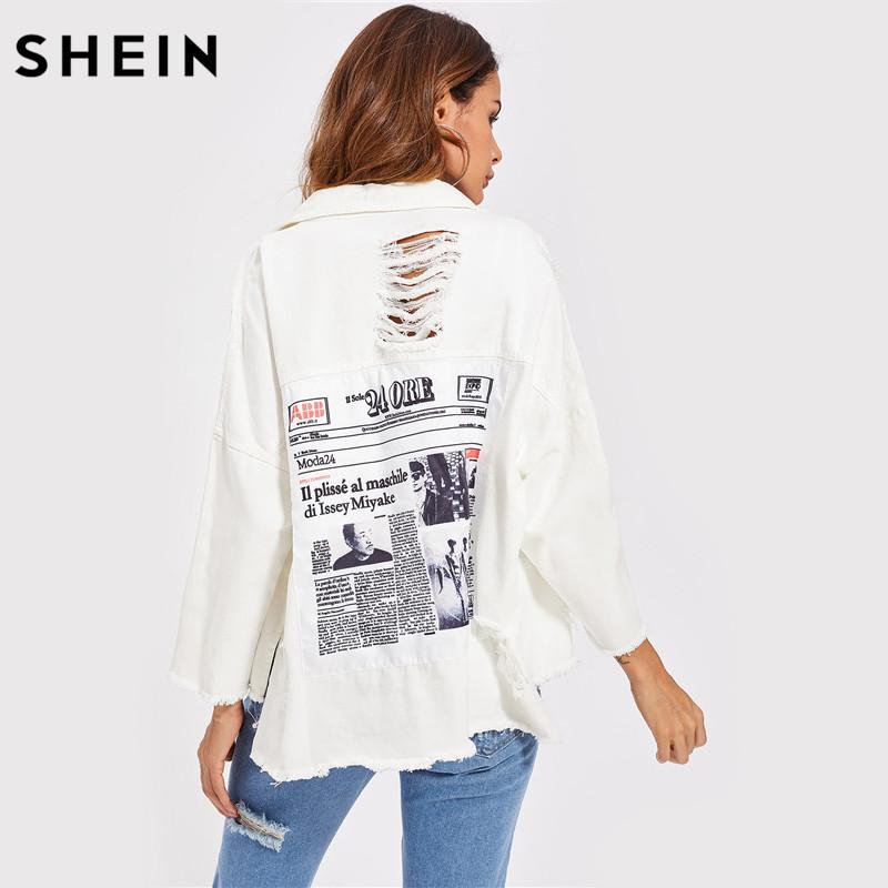 SHEIN Drop Shoulder Patch Back Distressed Jacket Autumn Jeans Jacket Women Lapel Long Sleeve Single Breasted Jacket