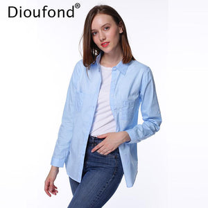 Dioufond Autumn White Blouse Shirt Long Sleeve Solid Cotton Shirt Women Tops Pockets Casual Camisa Feminina S-3XL 2017