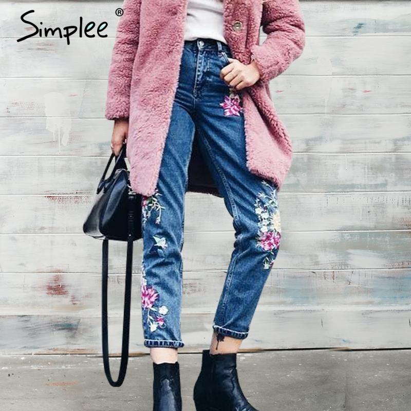 Simplee Flower embroidery jeans female High waist birds zipper straight denim pants jeans Women 2017 pocket blue trousers jeans