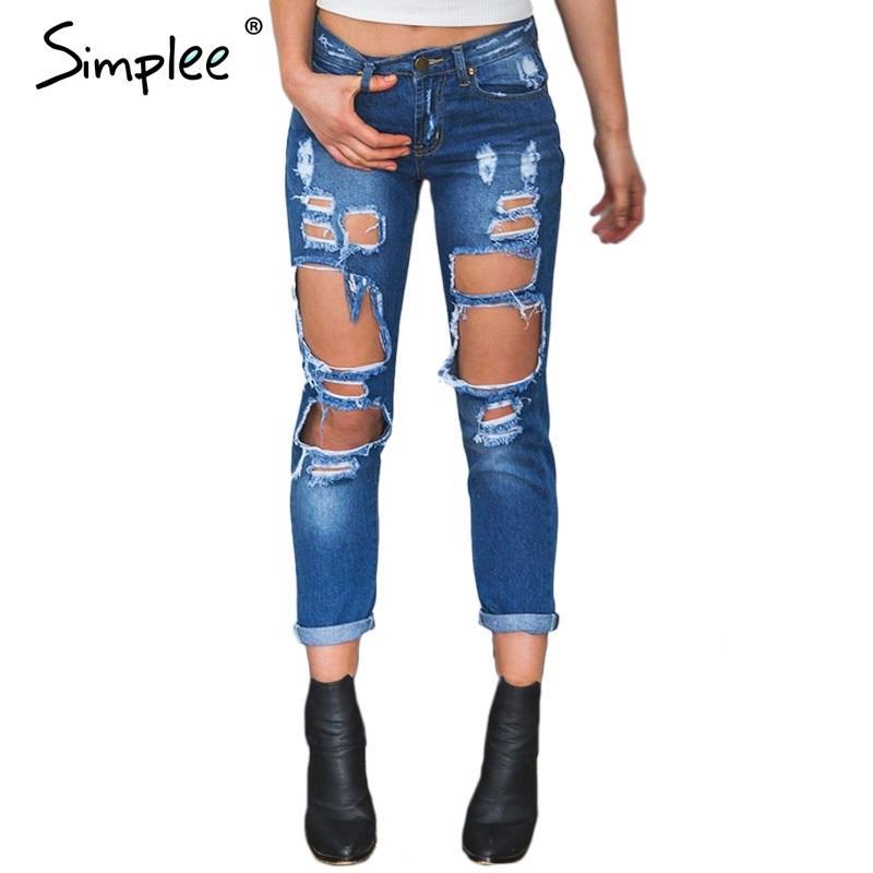 Simplee Apparel Boyfriend hole ripped jeans women pants Cool denim vintage straight jeans for girl Mid waist casual pants female