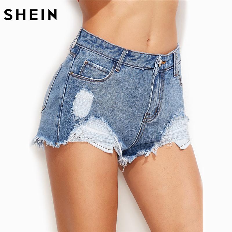 SHEIN Shorts Women Jeans Shorts Mid Waist Button Fly Sexy Summer Shorts Women Blue Ripped Frayed Mini Denim Shorts