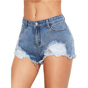 SHEIN Shorts Women Jeans Shorts Mid Waist Button Fly Sexy Summer Shorts Women Blue Ripped Frayed Mini Denim Shorts