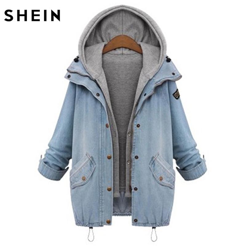 SHEIN Blue Hooded Drawstring Boyfriend Trends Jean Swish Pockets Two Piece Outerwear Women Long Sleeve Buttons Coat