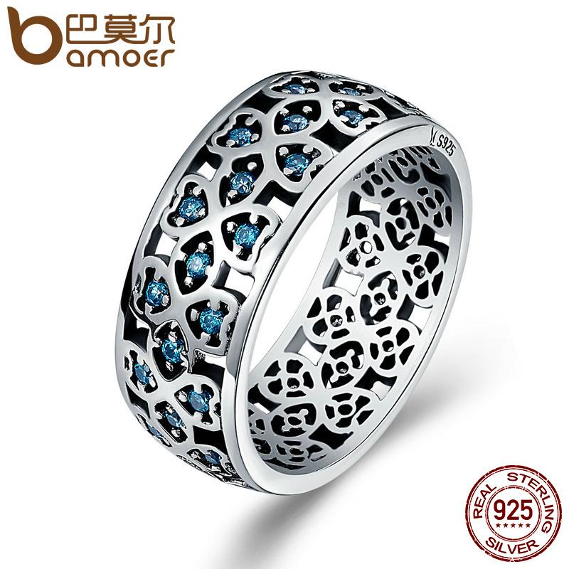 BAMOER 100% 925 Sterling Silver Petals of Love Sweet Clover Blue CZ Finger Rings for Women Engagement Jewelry S925 Gift SCR064