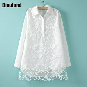 Dioufond Stylish Flower Embroidered White Shirt Women Lace Patchwork Hollow out Tops Female Long Sleeve Casual Women Clothes