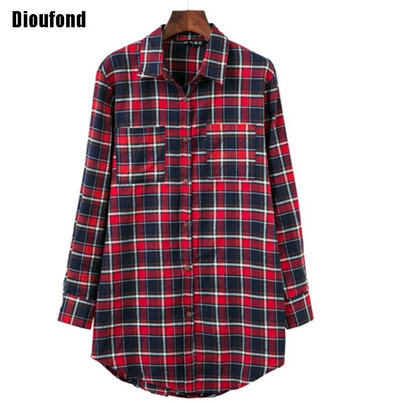 Dioufond Women Blouses Korean Fashion Cardigan Cotton Blouse Women Shirts Casual Red Plaid Shirts Long Shirts Loose Blusas Tops