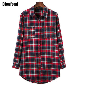 Dioufond Women Blouses Korean Fashion Cardigan Cotton Blouse Women Shirts Casual Red Plaid Shirts Long Shirts Loose Blusas Tops