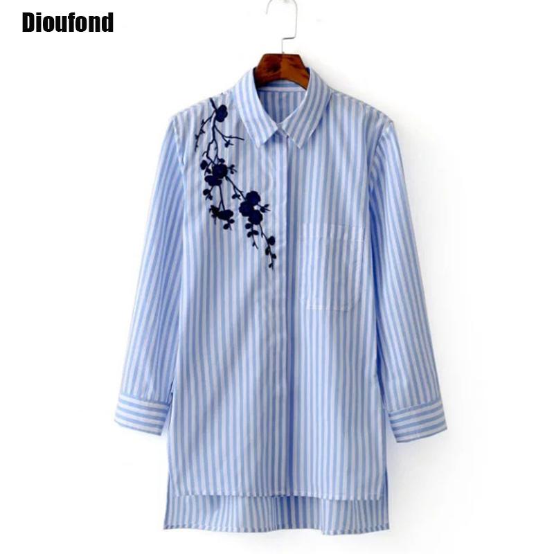 Dioufond floral embroidery women shirts blouses striped casual long sleeve blue shirts turn down collar spring new fashion style