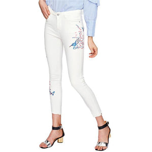 SHEIN Flower Blossom Embroidered Raw Hem Jeans Denim White Skinny Jeans Autumn Woman Zipper Fly High Waisted Jeans