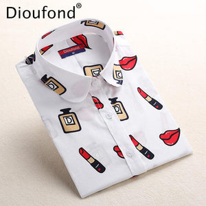 Dioufond White Navy Lips Print Women Blouses Long Sleeve Ladies Office Blouse Shirt  Casual Button Down Blusa 2017 Spring