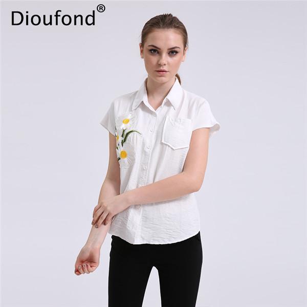 Dioufond Floral Navy Short Sleeve Women Blouses Casual Fashion Appliques White Loose Style Summer Blusas Femininas 2017