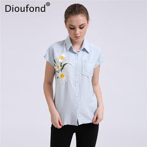 Dioufond Floral Navy Short Sleeve Women Blouses Casual Fashion Appliques White Loose Style Summer Blusas Femininas 2017