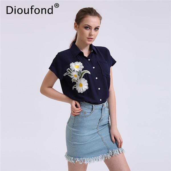 Dioufond Floral Navy Short Sleeve Women Blouses Casual Fashion Appliques White Loose Style Summer Blusas Femininas 2017