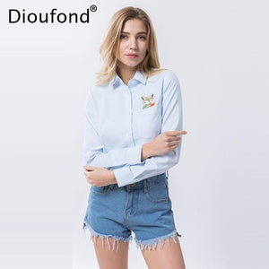 Dioufond Animal Embroidery Print Fox on Pocket Shirts Lady 2017 Spring New Fashion White Blouse Shirts Women Long Sleeve Tops