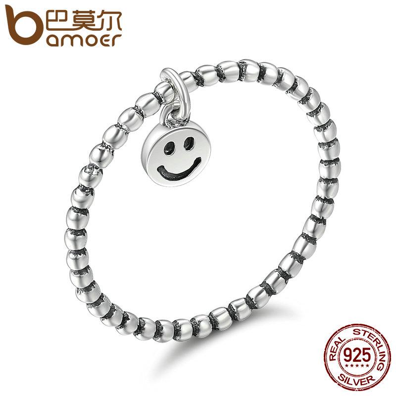 BAMOER Hot Sale 100% 925 Sterling Silver Lovely Smile Face Dangle Finger Rings for Women Sterling Silver Jewelry Gift SCR147