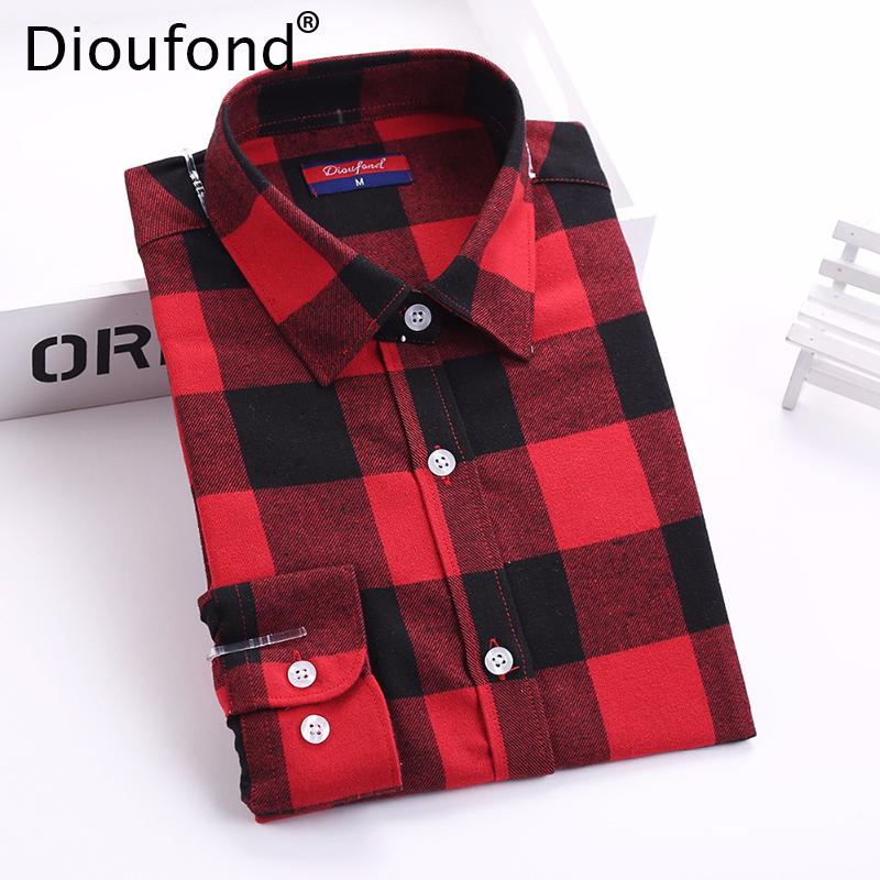 Dioufond Flannel Plaid Shirt Women Shirts Blouses Long Sleeve Plaid Blouse Causal Turn-down Collar Clothes Women Tops Fashion