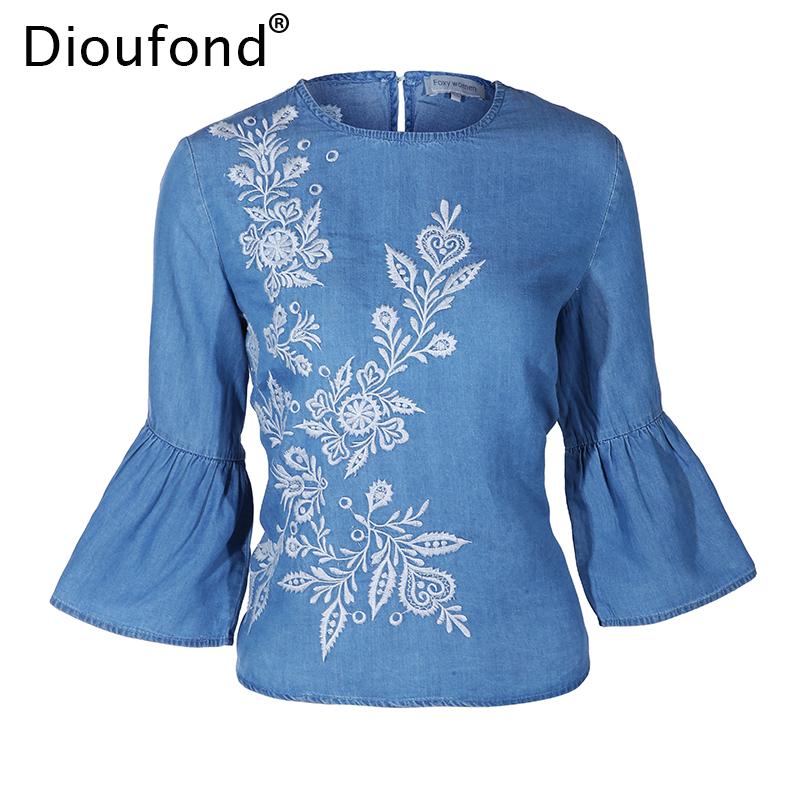 Dioufond Cotton Women Blouses 2017 new fashion Floral Embroiedery Shirt women Half Flare Sleeve camisas femininas women tops