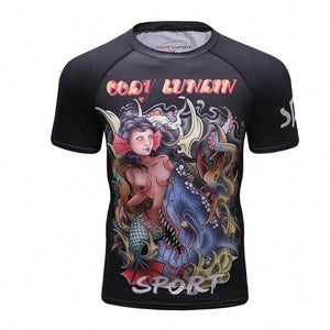 New men's compression t shirt men Fashion Dragon print Quick-drying short sleeves Rashguard BJJ Cross Fit Fitness Tights tshirt