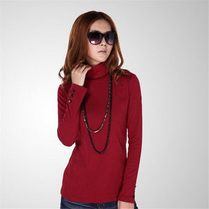 Autumn Turtleneck Women T-shirt Sleeve Button Plus Size M-4XL T shirt Pure Color Casual Tshrit Female Cotton T shirt Tops 31976