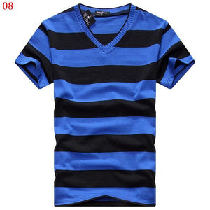 MwOiiOwM 2018 Male V-neck T-shirt Men's Short Sleeve Tshirt Man Cotton Striped T Shirts Mens Clothing Multi Size