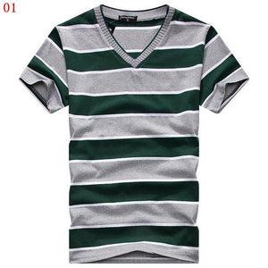 MwOiiOwM 2018 Male V-neck T-shirt Men's Short Sleeve Tshirt Man Cotton Striped T Shirts Mens Clothing Multi Size