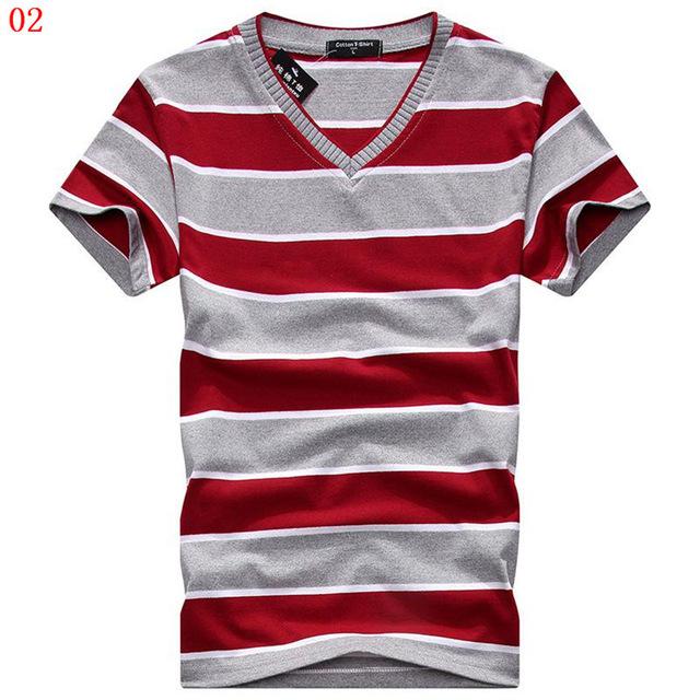 MwOiiOwM 2018 Male V-neck T-shirt Men's Short Sleeve Tshirt Man Cotton Striped T Shirts Mens Clothing Multi Size