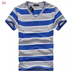 MwOiiOwM 2018 Male V-neck T-shirt Men's Short Sleeve Tshirt Man Cotton Striped T Shirts Mens Clothing Multi Size