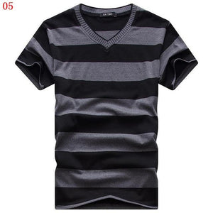 MwOiiOwM 2018 Male V-neck T-shirt Men's Short Sleeve Tshirt Man Cotton Striped T Shirts Mens Clothing Multi Size