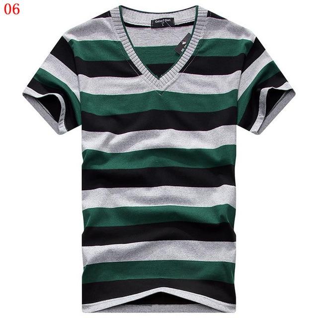 MwOiiOwM 2018 Male V-neck T-shirt Men's Short Sleeve Tshirt Man Cotton Striped T Shirts Mens Clothing Multi Size