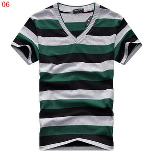 MwOiiOwM 2018 Male V-neck T-shirt Men's Short Sleeve Tshirt Man Cotton Striped T Shirts Mens Clothing Multi Size