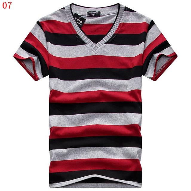 MwOiiOwM 2018 Male V-neck T-shirt Men's Short Sleeve Tshirt Man Cotton Striped T Shirts Mens Clothing Multi Size