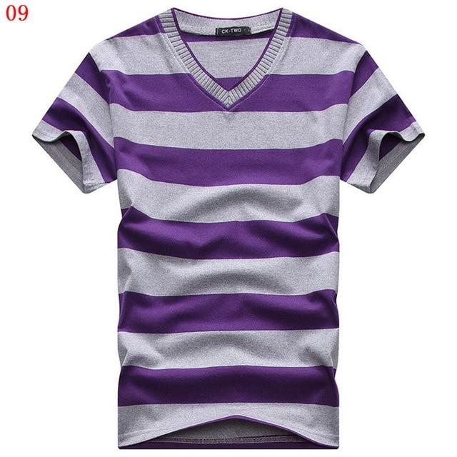 MwOiiOwM 2018 Male V-neck T-shirt Men's Short Sleeve Tshirt Man Cotton Striped T Shirts Mens Clothing Multi Size