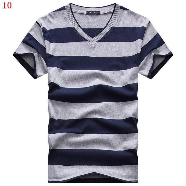 MwOiiOwM 2018 Male V-neck T-shirt Men's Short Sleeve Tshirt Man Cotton Striped T Shirts Mens Clothing Multi Size